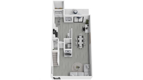 A floor plan of a small apartment with a kitchen, living room, and bathroom.